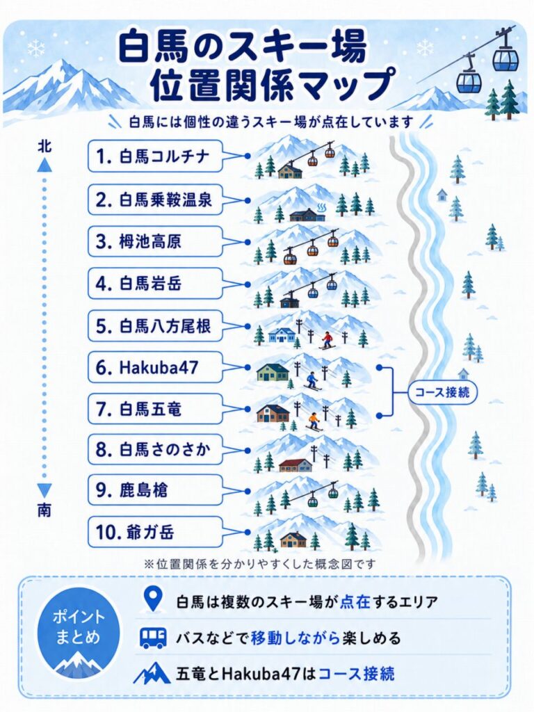 白馬エリア10スキー場の位置関係を、栂池・八方・五竜・鹿島槍・爺ガ岳など北から南へ示したマップ。