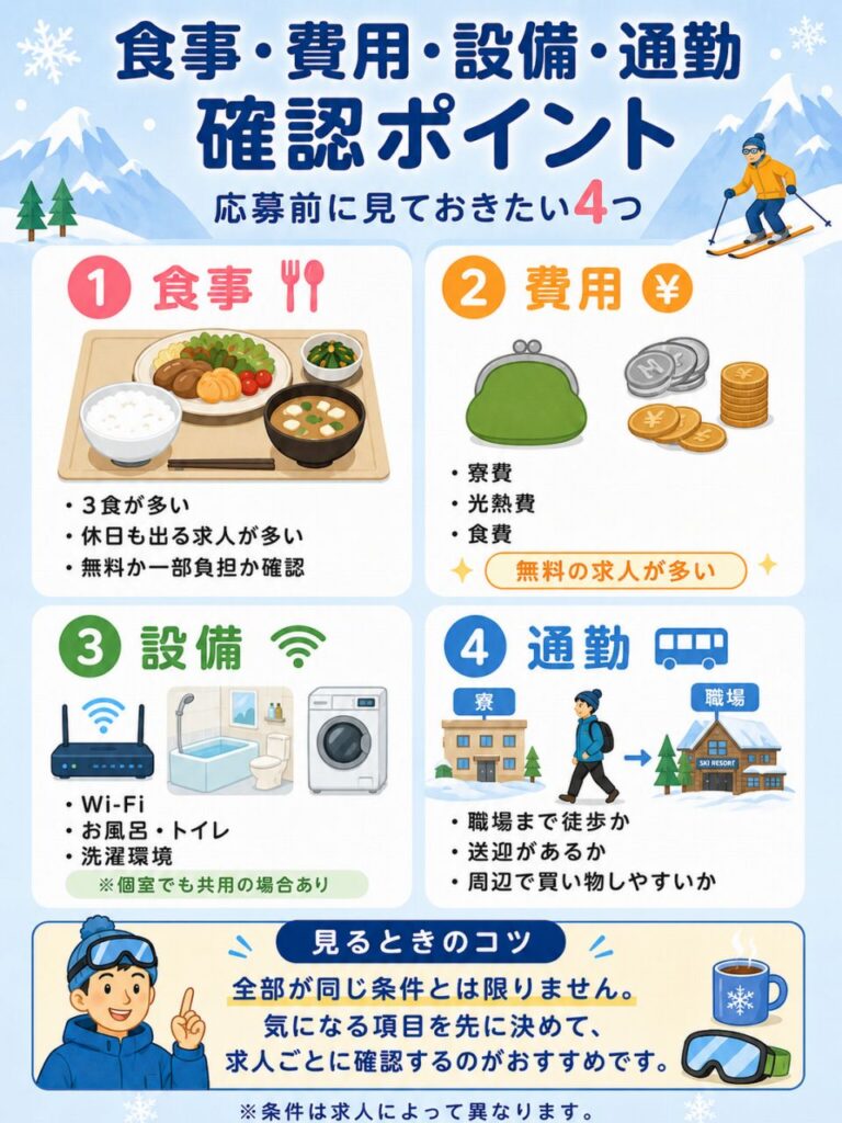 スキー場バイトの寮で確認したい食事・費用・設備・通勤の4項目を、イラストと箇条書きで整理した図解。
