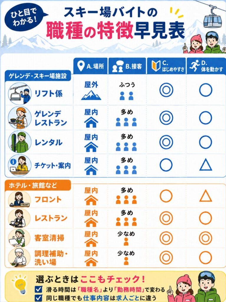 スキー場バイトの主要職種を、働く場所・接客頻度・始めやすさ・体を動かす度合いで比較した早見表。