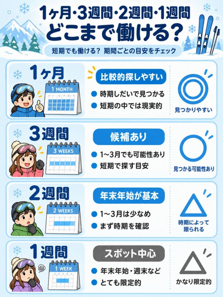 1ヶ月・3週間・2週間・1週間ごとに、スキー場短期求人の見つかりやすさと目安を比較した図。
