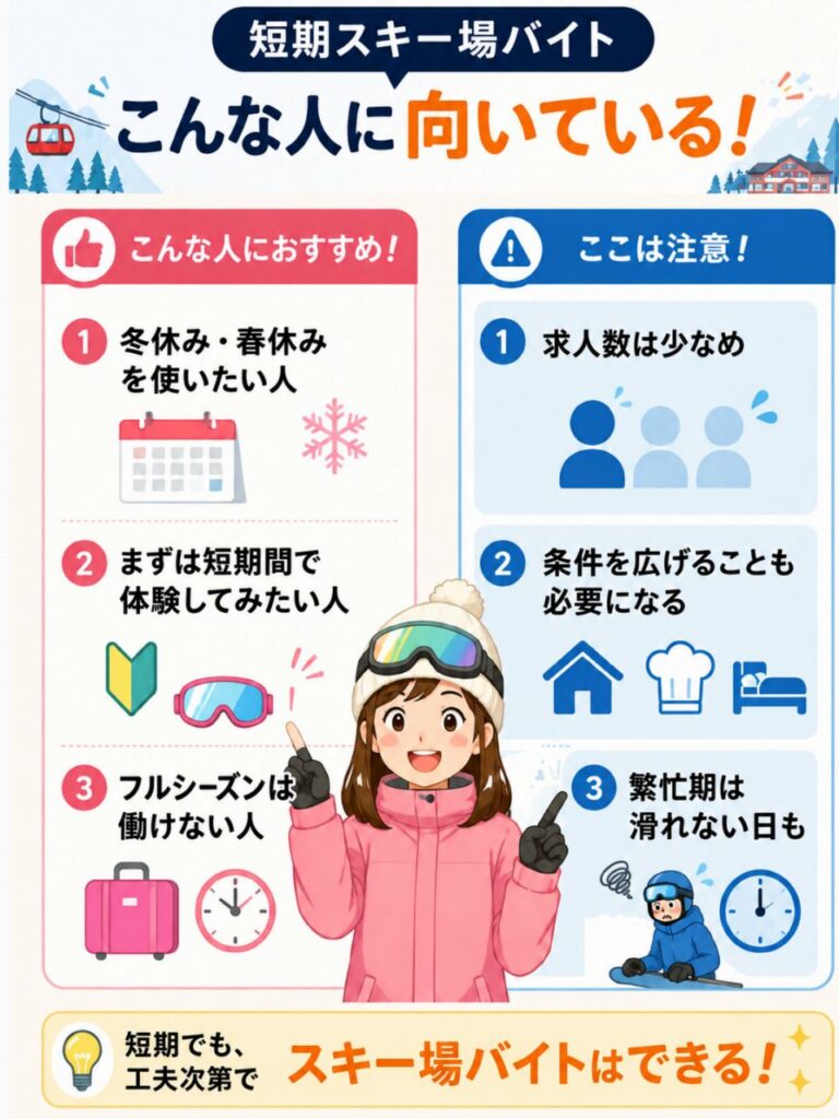 短期スキー場バイトに向いている人と、求人数・条件・滑れる時間の注意点をまとめた図。